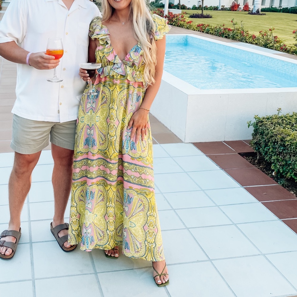 A Loves A Acid Green Blue Pink Paisley Maxi Dress Size XS Cut Out Vacation Flowy